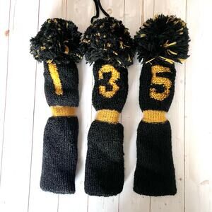 Vintage Set of 3 Knit Pom Pom Golf Club Head Covers 1, 3, 5 Black & Gold Acrylic